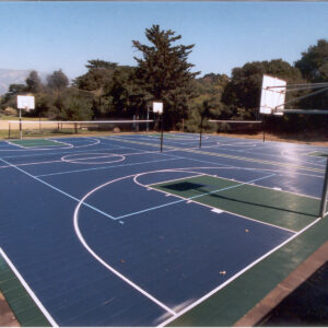Commercial outdoor multipurpose courts with basketball hoops and volleyball nets in an open park area.