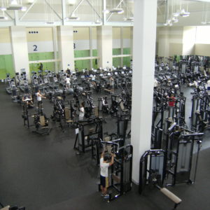 aerial view of commercial fitness center with recycled rubber flooring