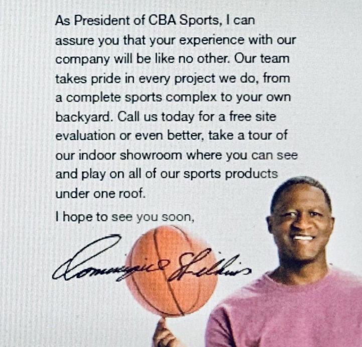 Dominique Wilkins, president of CBA Sports, spinning a basketball on his finger and assuring you of a great experience with CBA Sports.